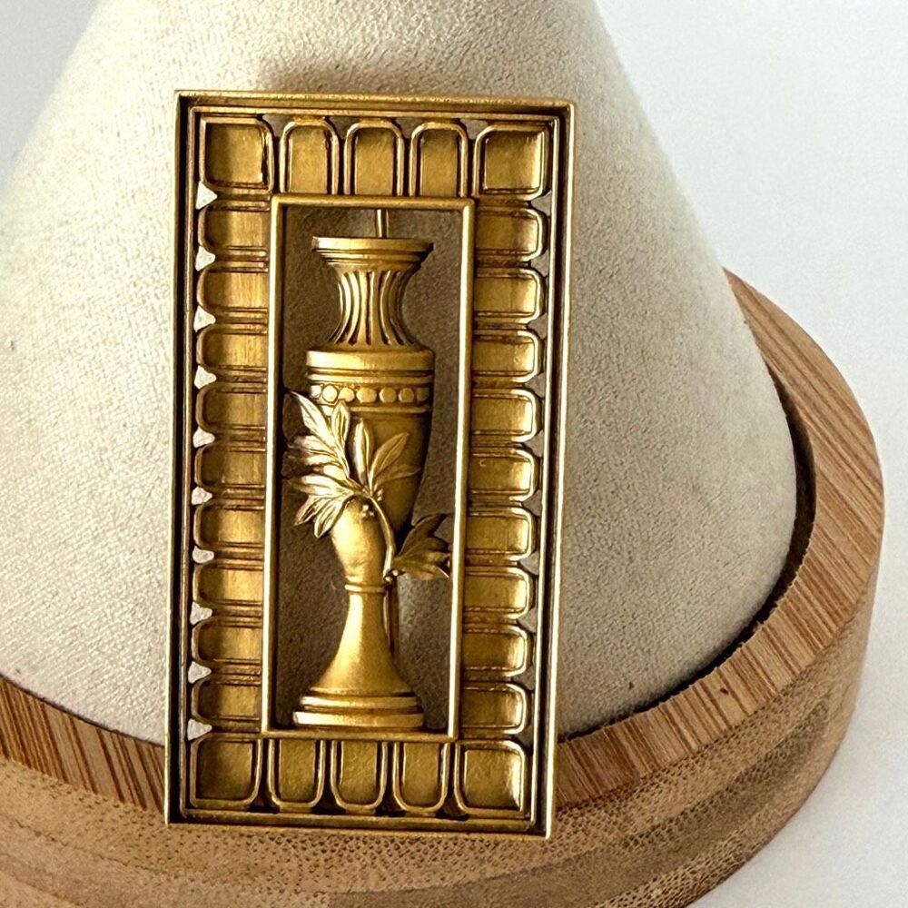 Vintage Museum Style Gold Tone Neoclassical Urn Botanical Brooch